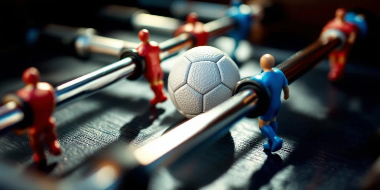 Tafelvoetbal accessoires op donker hout: rode en blauwe spelers, witte bal in focus, chrome stangen met zwarte grepen