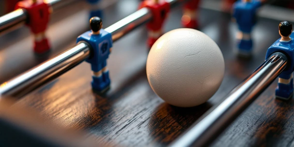 Tafelvoetbal accessoires met rode en blauwe spelers, witte bal en chromen stangen op donker houten oppervlak