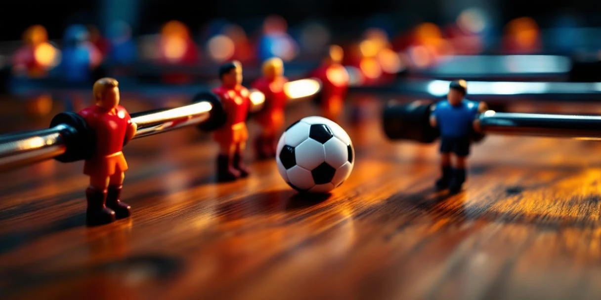 Tafelvoetbal accessoires met rode en blauwe spelers, witte bal en chromen stangen op houten ondergrond