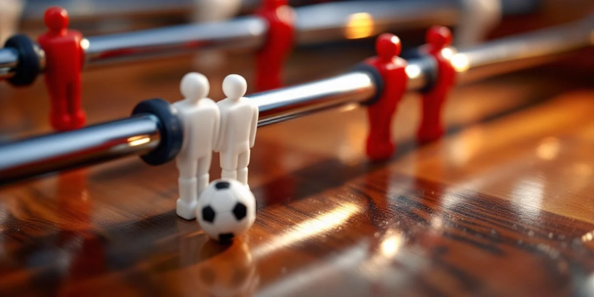 Tafelvoetbal accessoires op houten oppervlak: witte en rode spelers, bal en chromen stangen in close-up detail