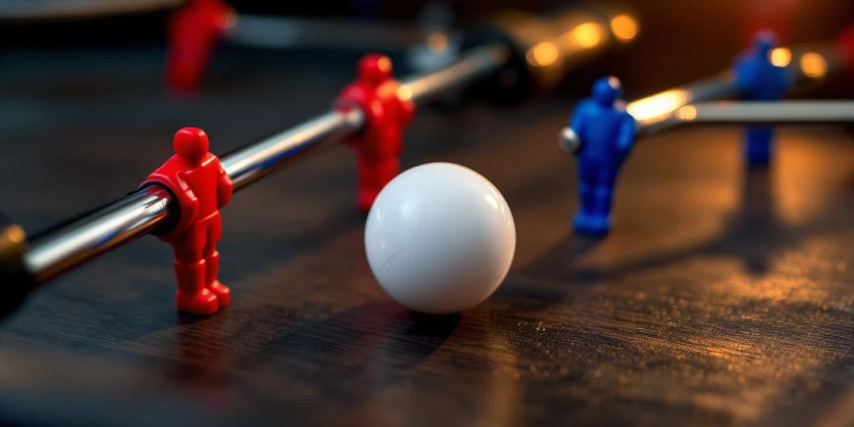 Witte tafelvoetbalbal in focus met rode en blauwe spelersfiguren en chromen stangen op donker houten oppervlak