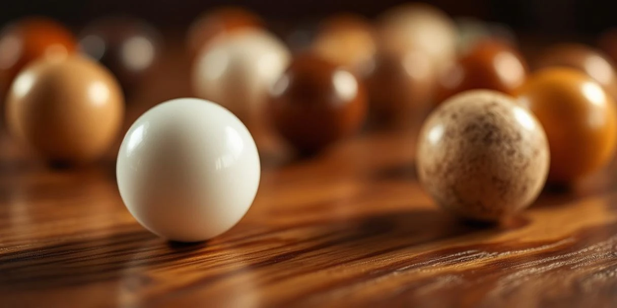 Verschillende tafelvoetbalballen op houten oppervlak, waaronder kurk, plastic en wedstrijdballen in close-up
