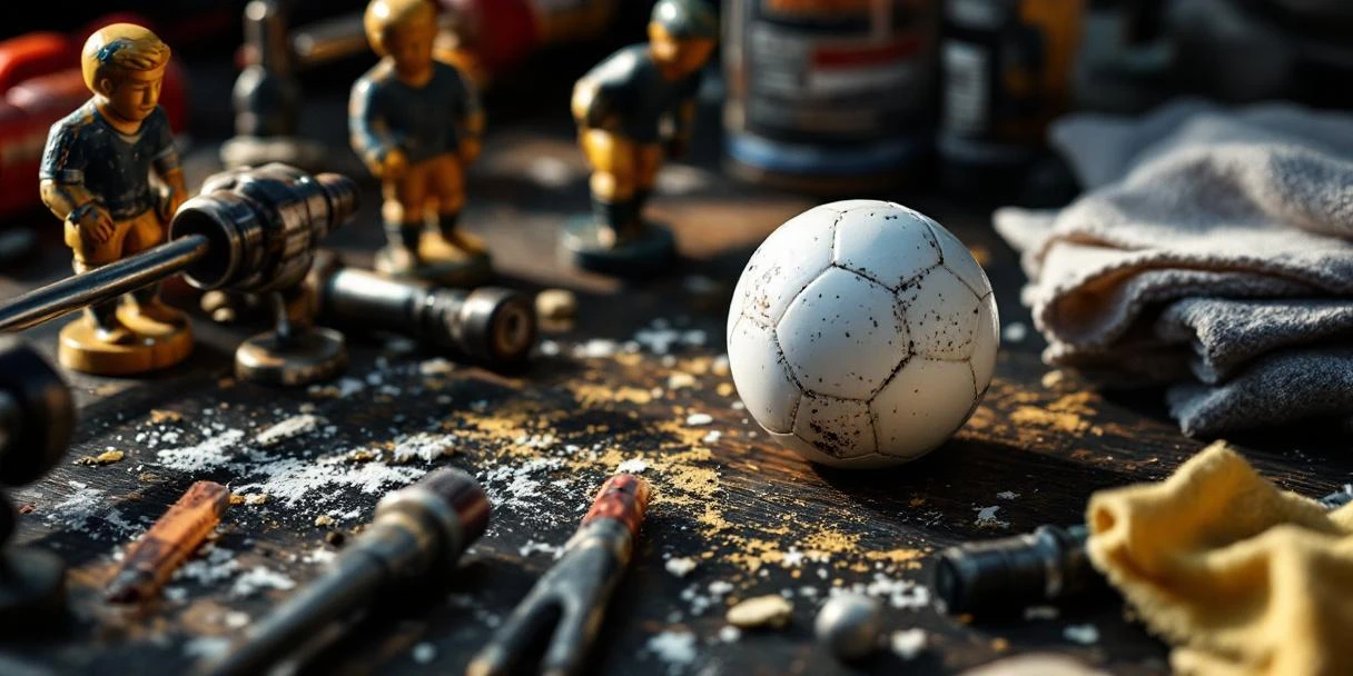 Foosball tafelvoetbal accessoires met versleten spelers, bal en onderhoudsgereedschap op donkere houten ondergrond