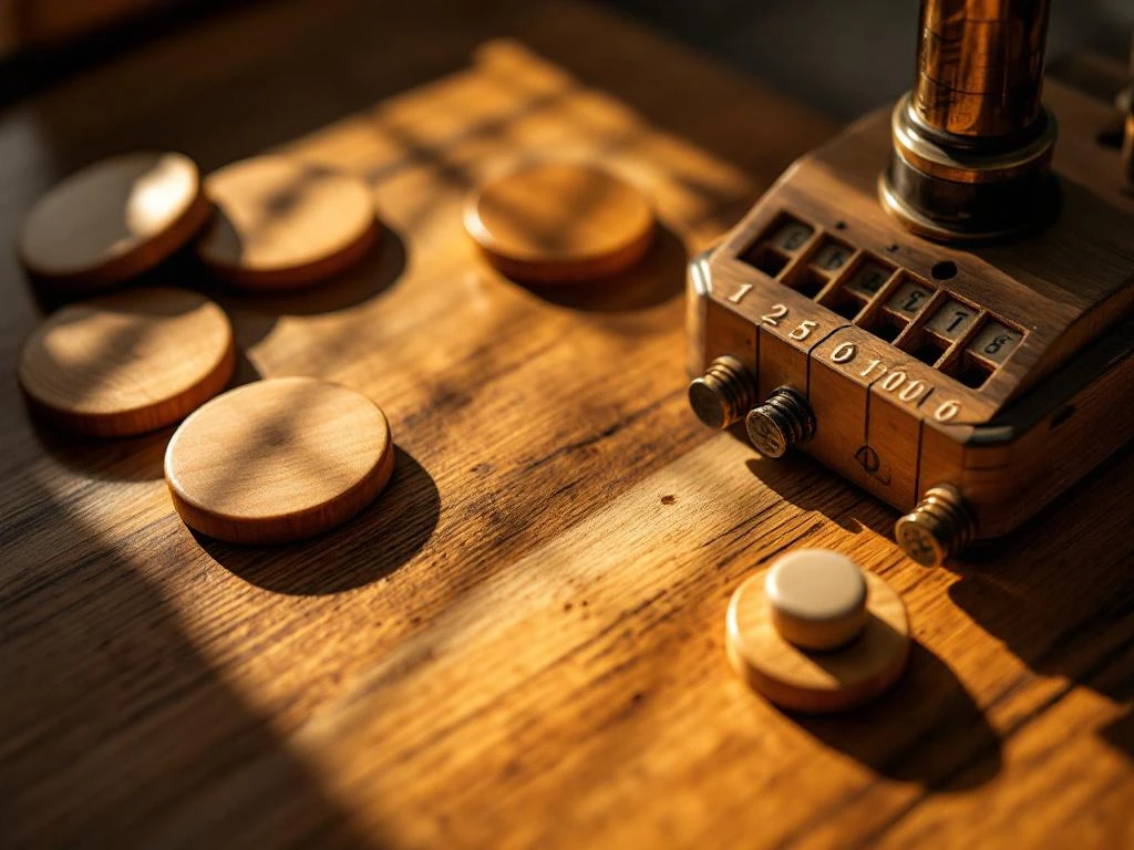 Houten schijven en scorevakken van traditioneel Nederlands sjoelspel op warme houten ondergrond met dramatische belichting
