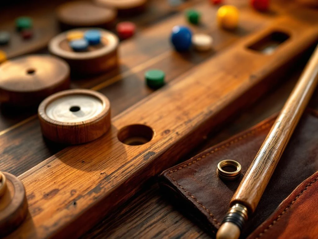 Traditionele Nederlandse sjoelbak accessoires met houten schijven en keu op houten tafel in warm licht