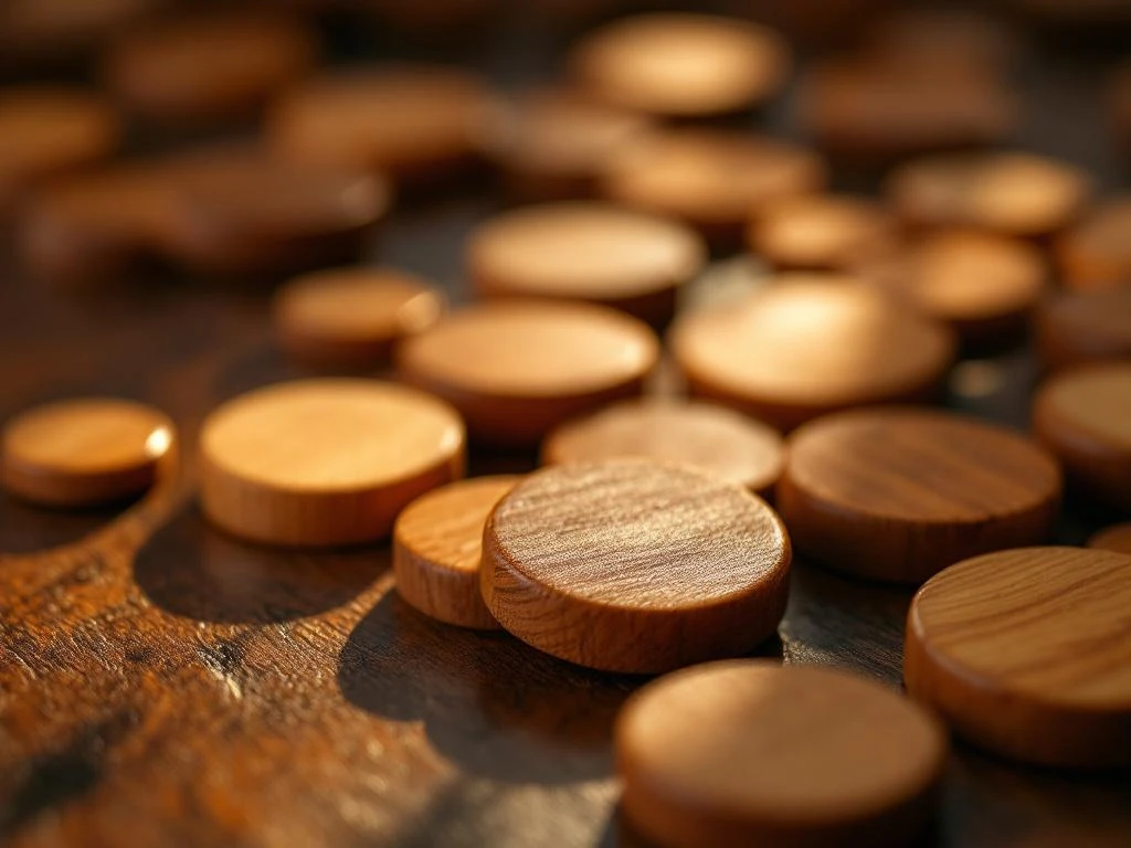 Dertig gepolijste houten schijven voor sjoelbak op een warme houten ondergrond met natuurlijke houtnerf