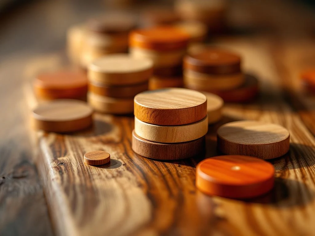 Sjoelbak schijven in verschillende houttinten gestapeld op houten oppervlak met dramatische belichting