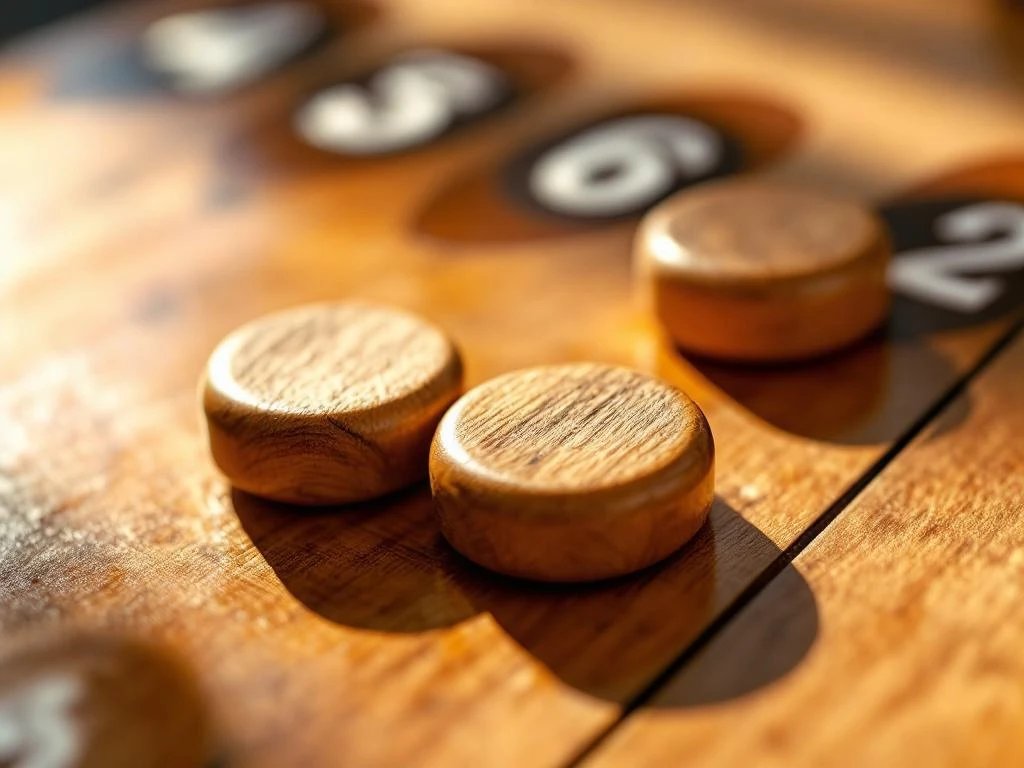 Sjoelbak houten schijven en genummerde vakken op houten oppervlak met natuurlijk licht