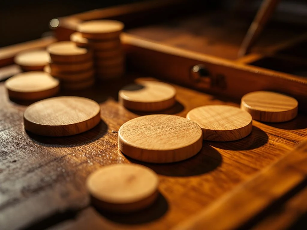 Houten sjoelbakschijven met natuurlijke nerven op speelbord met genummerde vakken in warm licht