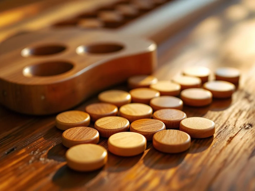 Houten sjoelschijven en sjoelbak op houten ondergrond met natuurlijke textuur en warme verlichting