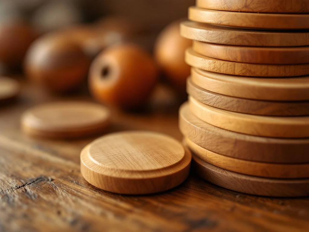 Dertig gepolijste houten schijven voor sjoelbak gestapeld op houten oppervlak, close-up met natuurlijk licht