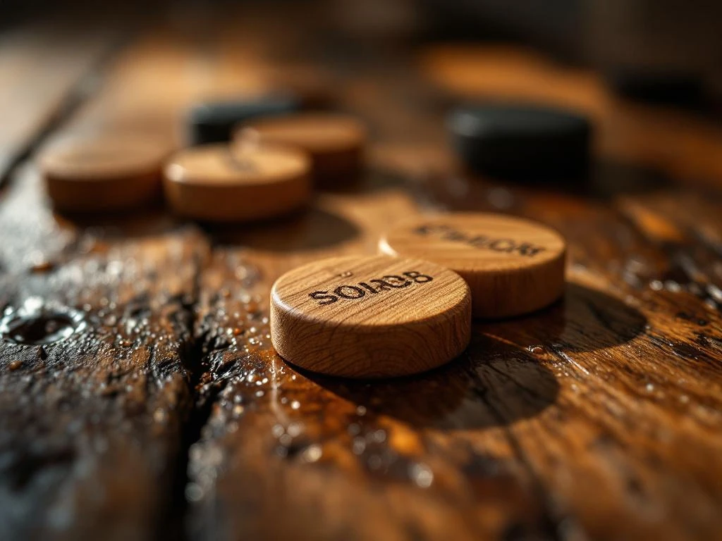 Houten sjoelbak schijven en scorepunten op verweerd hout met waterdruppels in natuurlijk licht


---

**Metadata**
- Language: nl
- Character count: 99