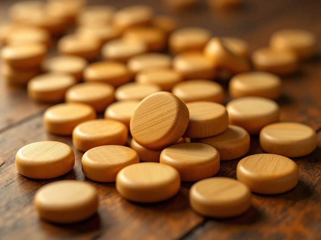 Houten sjoelbakschijven op warme houten ondergrond, close-up met natuurlijke textuur en ambachtelijke kwaliteit