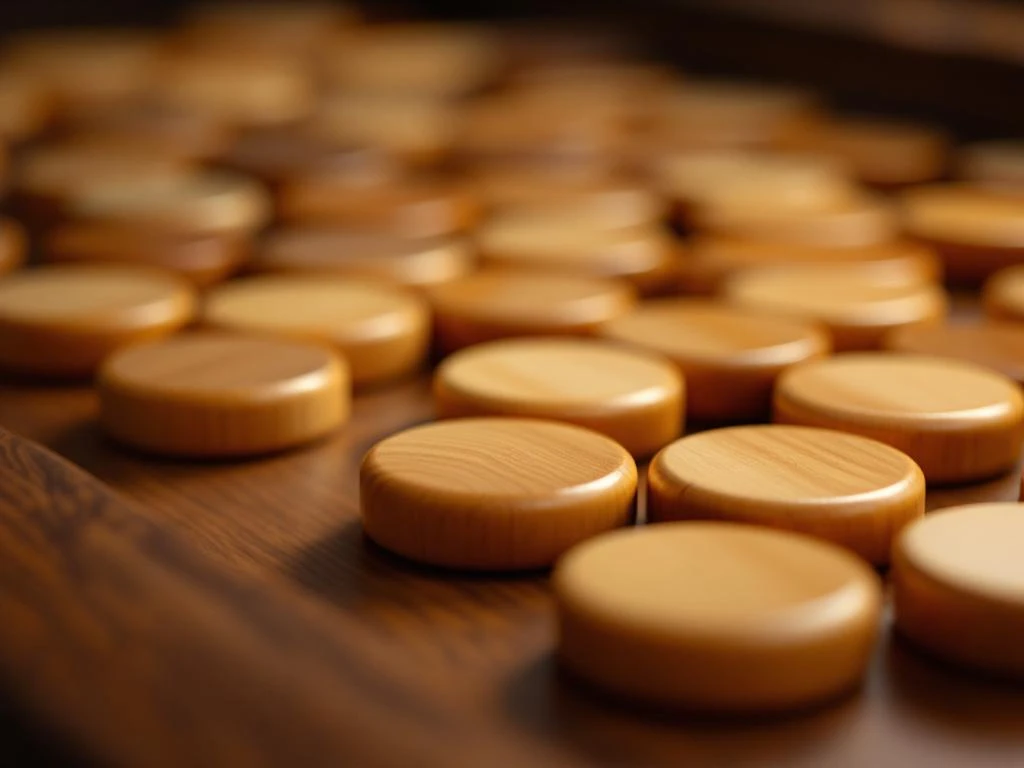 Houten sjoelbak schijven op tafel met warme verlichting en traditioneel vakmanschap