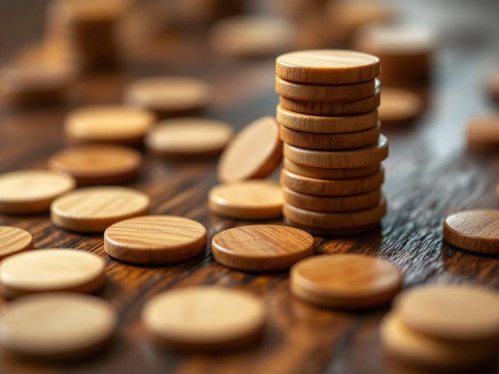 Houten sjoelbak schijven op houten ondergrond, close-up met natuurlijk licht en zachte schaduwen