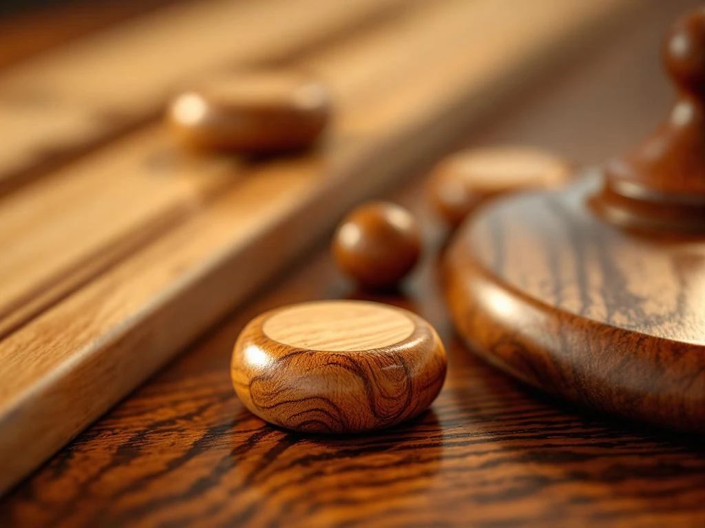 Vier houten sjoelbakschijven op een houten oppervlak met warme belichting die de ambachtelijke textuur benadrukt