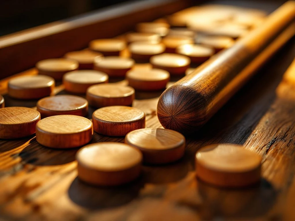 Houten sjoelbak schijven en stok op houten oppervlak met natuurlijk licht en warme tinten