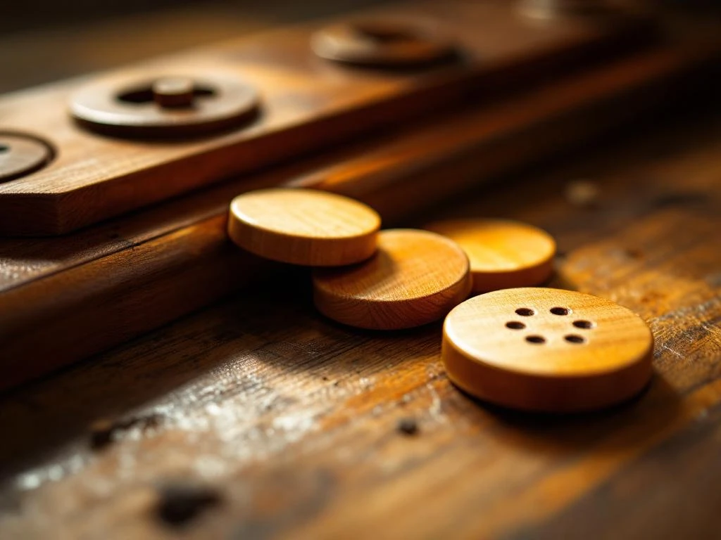 Houten schijven en sjoelbak met natuurlijke houtnerf en dramatische belichting op warme houten ondergrond