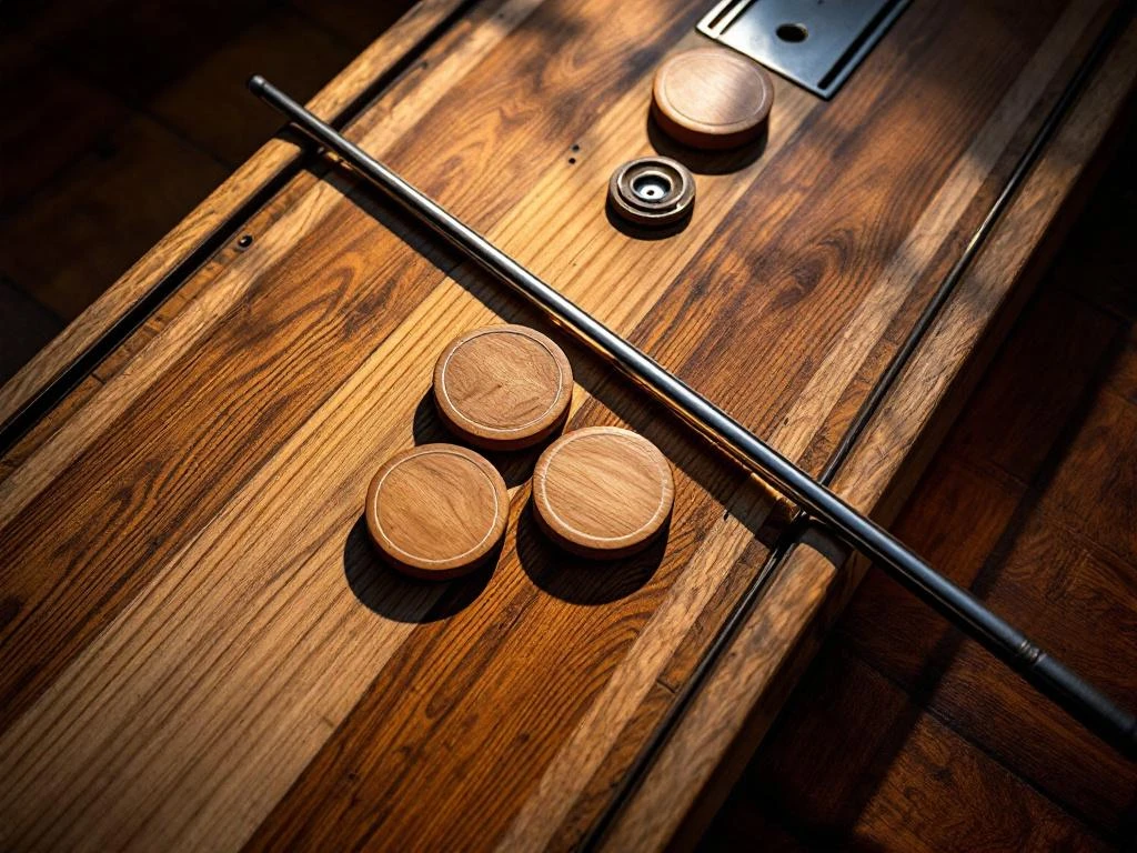 Traditionele Nederlandse sjoelschijven en shuffleboard uitrusting op houten ondergrond met dramatische belichting