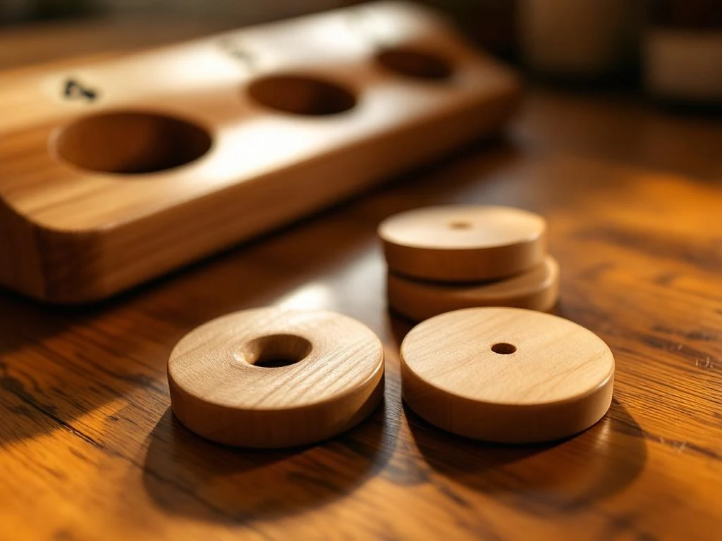 Houten schijven en sjoelbak met genummerde vakken op houten tafel in close-up