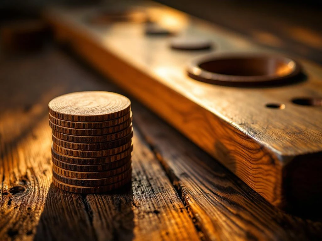 Sjoelschijven en sjoelbak op houten ondergrond met warme belichting en zichtbare houtstructuur