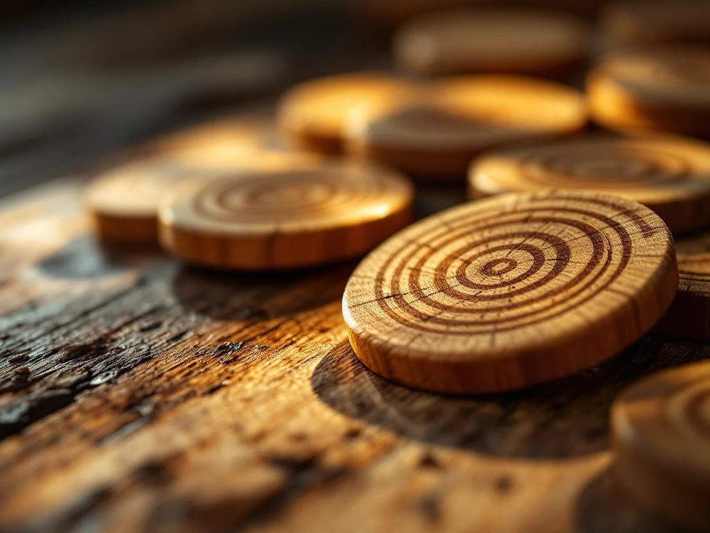 Houten sjoelschijven met natuurlijke houtnerf op houten oppervlak, close-up met warm licht en scherptediepte