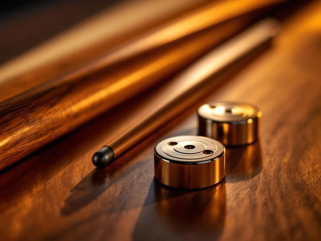 Shuffleboard pucks en cue stick op houten oppervlak met warme studiobelichting en metallic accenten