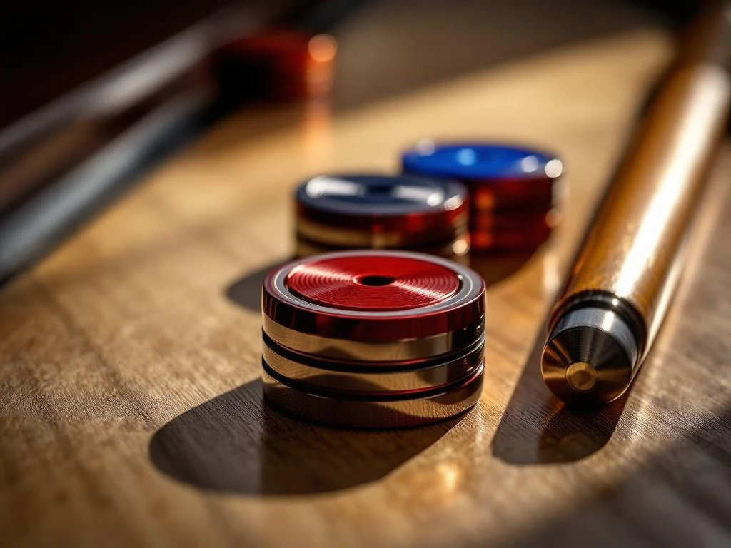 Shuffleboard pucks in rood en blauw met professionele cue op gepolijst houten oppervlak