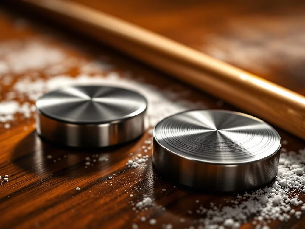Professionele shuffleboard accessoires: metalen schijven, houten cue en wax poeder op houten ondergrond