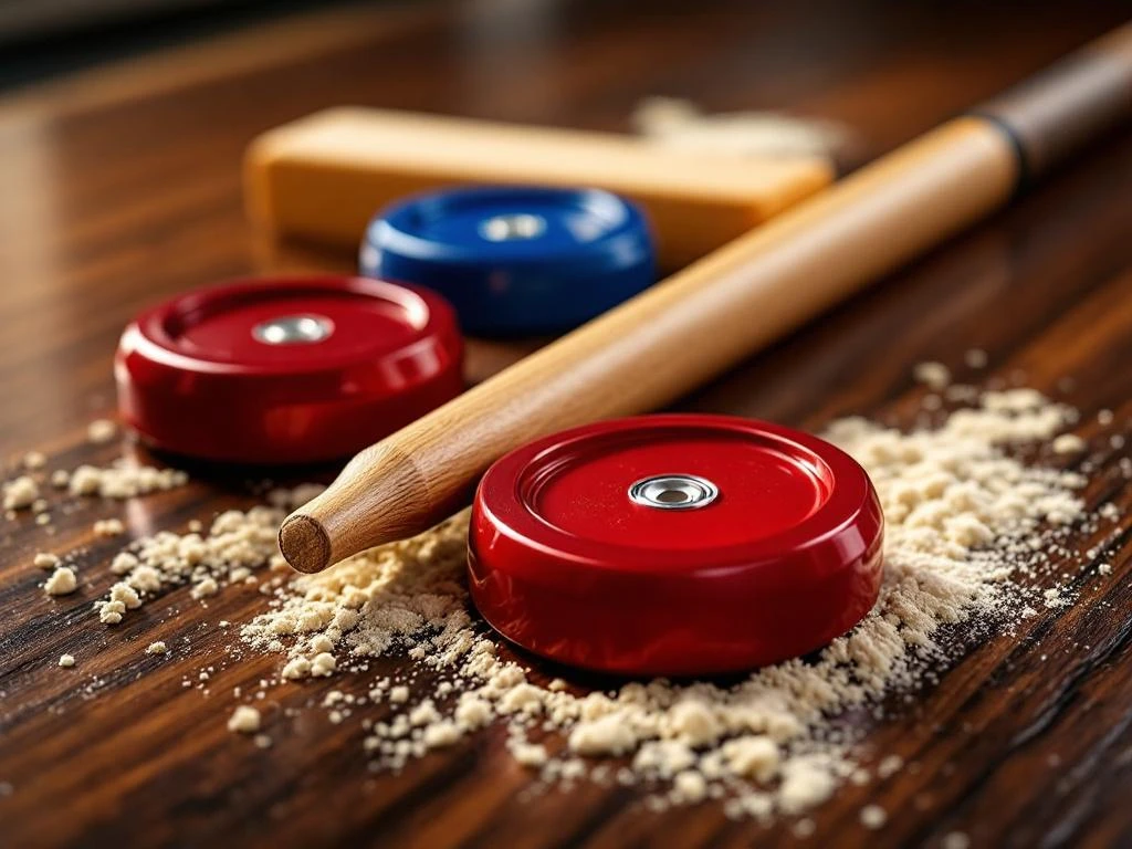 Shuffleboard accessoires op houten tafel: rode en blauwe pucks, cue stick met leren grip en wax poeder