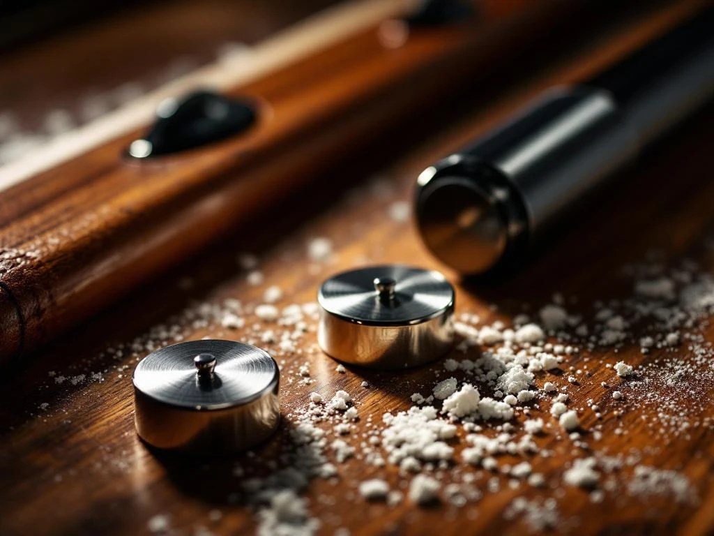 Shuffleboard accessoires op houten tafel: metalen schijven, cue stick en poeder voor recreatief spel