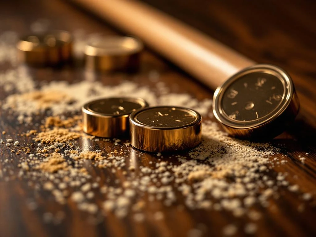 Shuffleboard pucks en houten cue op houten oppervlak met wax poeder, professionele gaming accessoires close-up