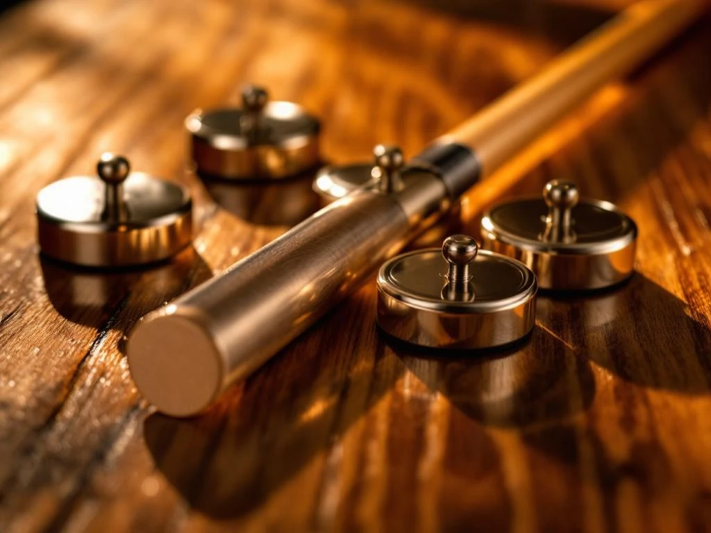 Shuffleboard pucks en cue stick op houten ondergrond met dramatische verlichting en reflecties