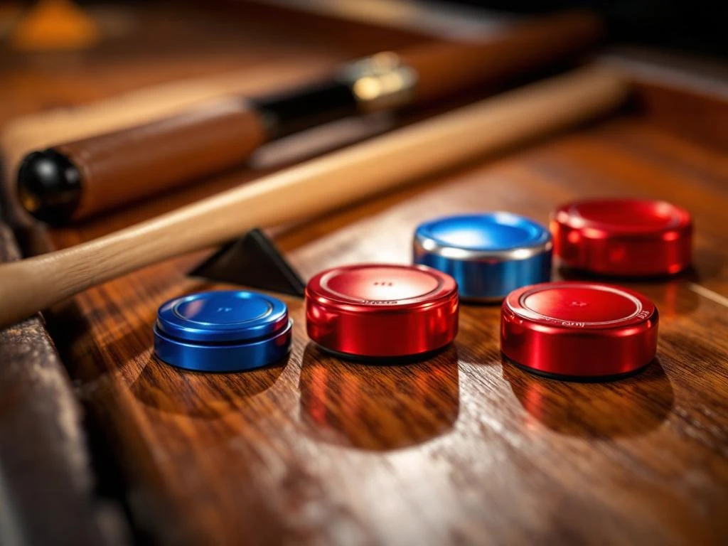 Professionele shuffleboard pucks in blauw, rood en zilver met cue en scoringdriehoek op houten oppervlak