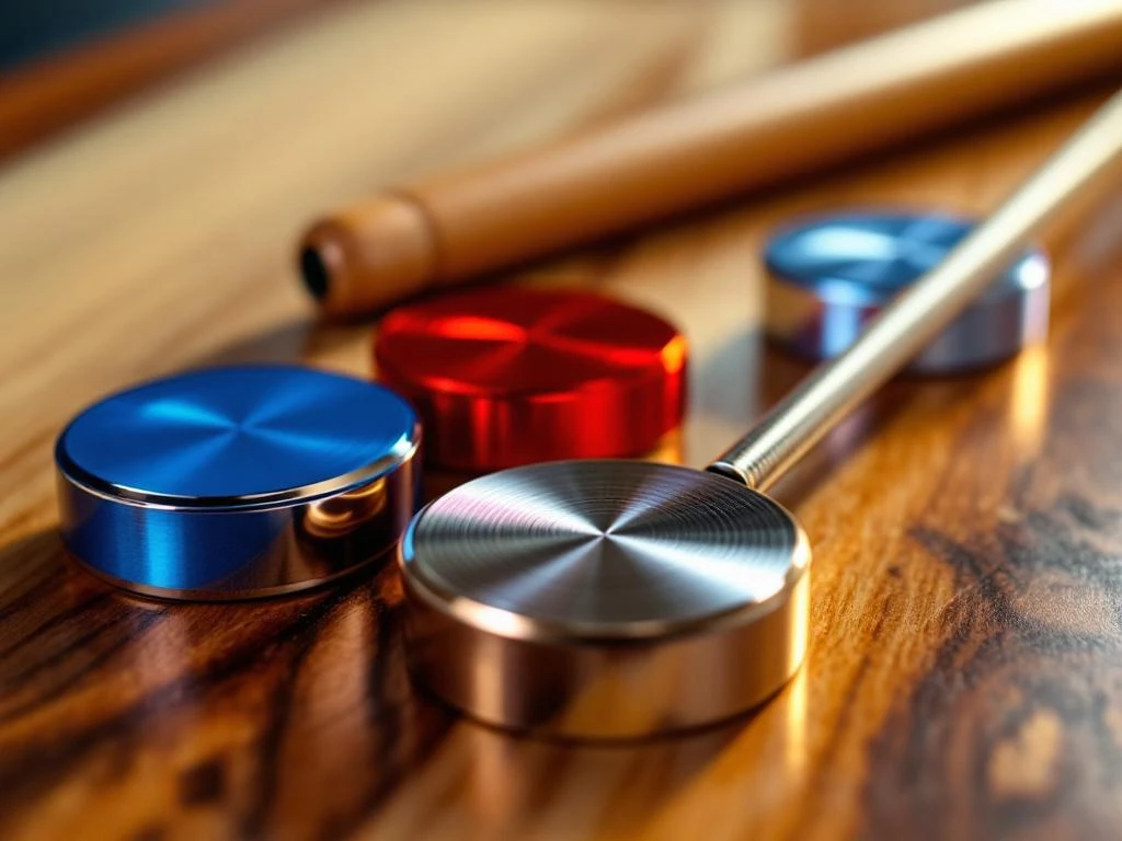Shuffleboard pucks in blauw, rood en zilver met houten cue op gepolijste houten ondergrond