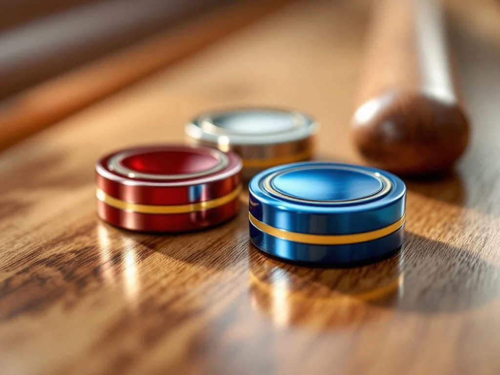 Shuffleboard pucks in rood en blauw met houten cue op gepolijste houten ondergrond, close-up weergave