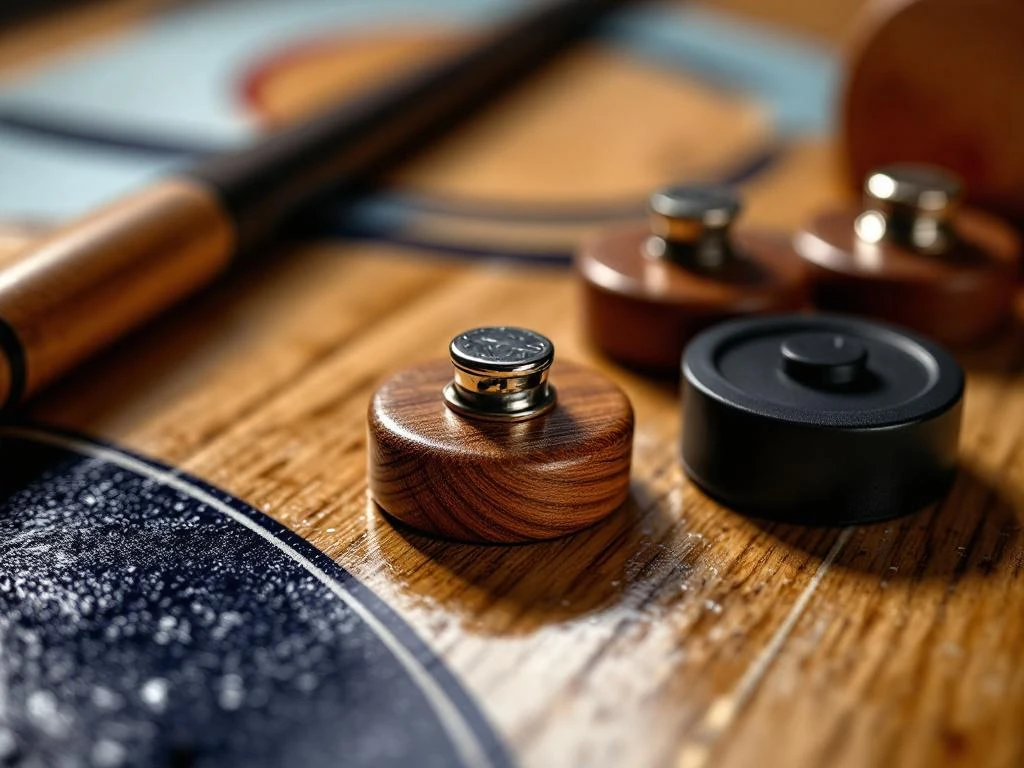 Shuffleboard en air hockey accessoires close-up met houten pucks, plastic mallets en cue stick op speeloppervlak
