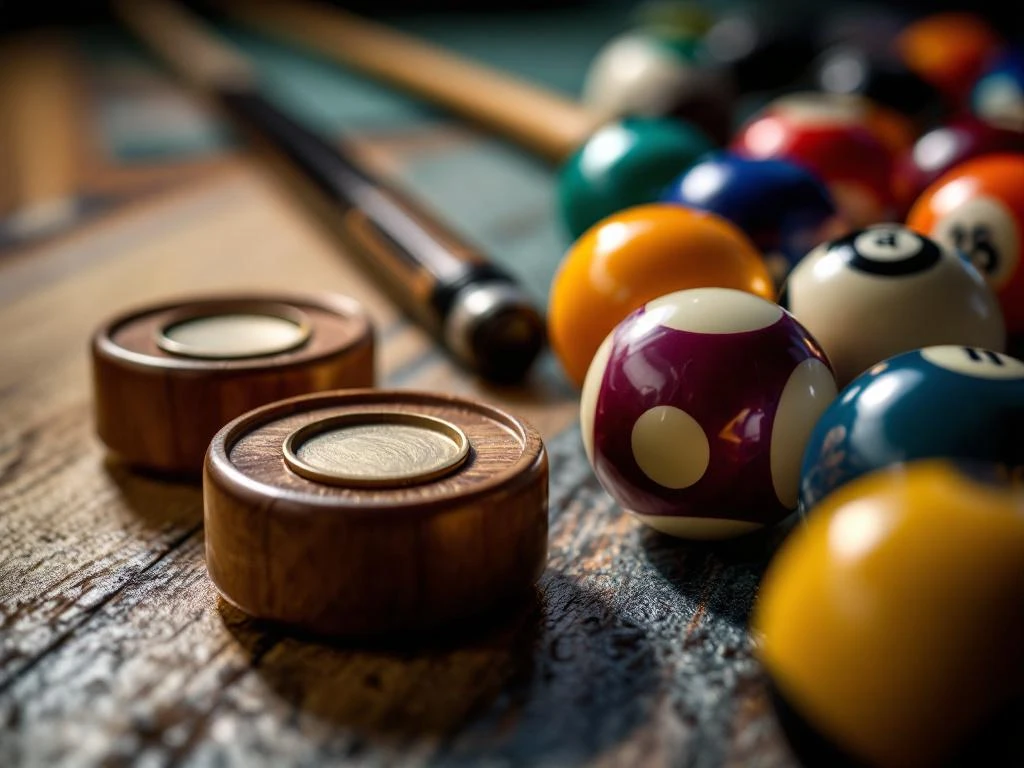 Shuffleboard schijven en biljartballen met keus en pusher stick in close-up met dramatische studiobelichting