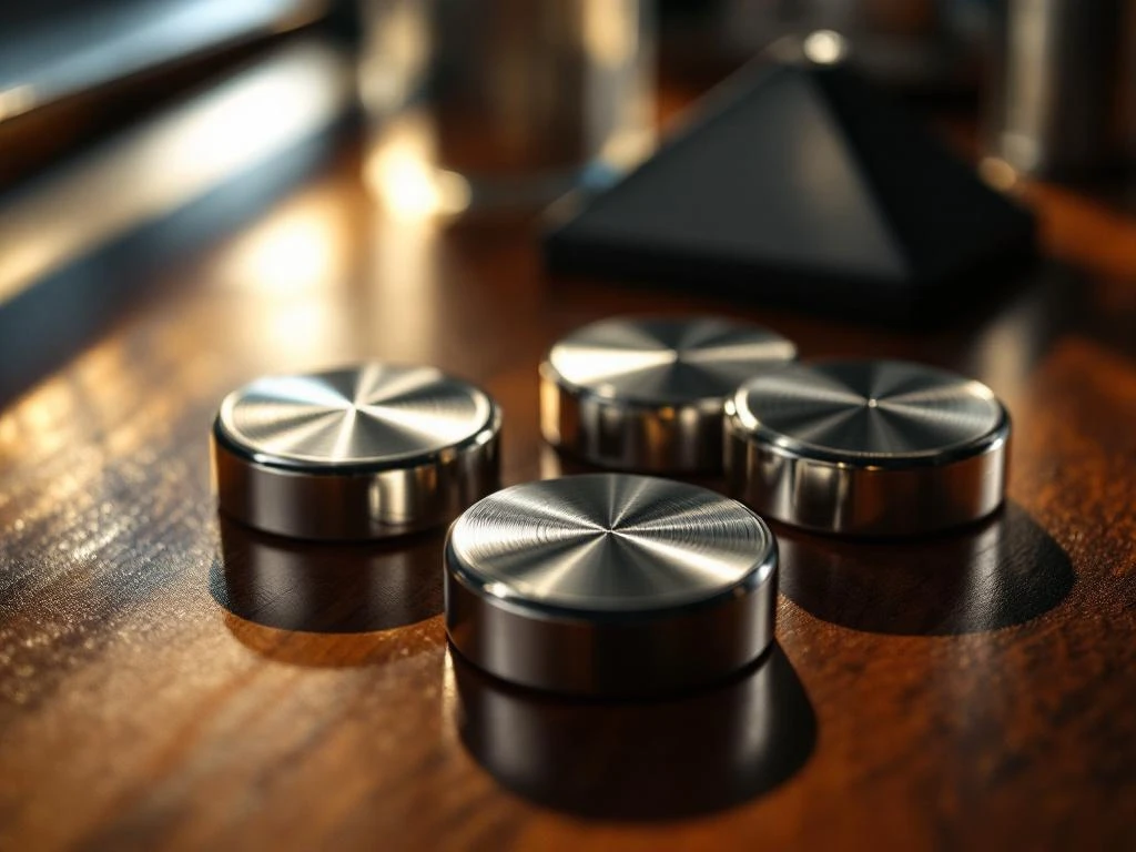 Professionele shuffleboard schijven en accessoires op houten tafel met dramatische belichting