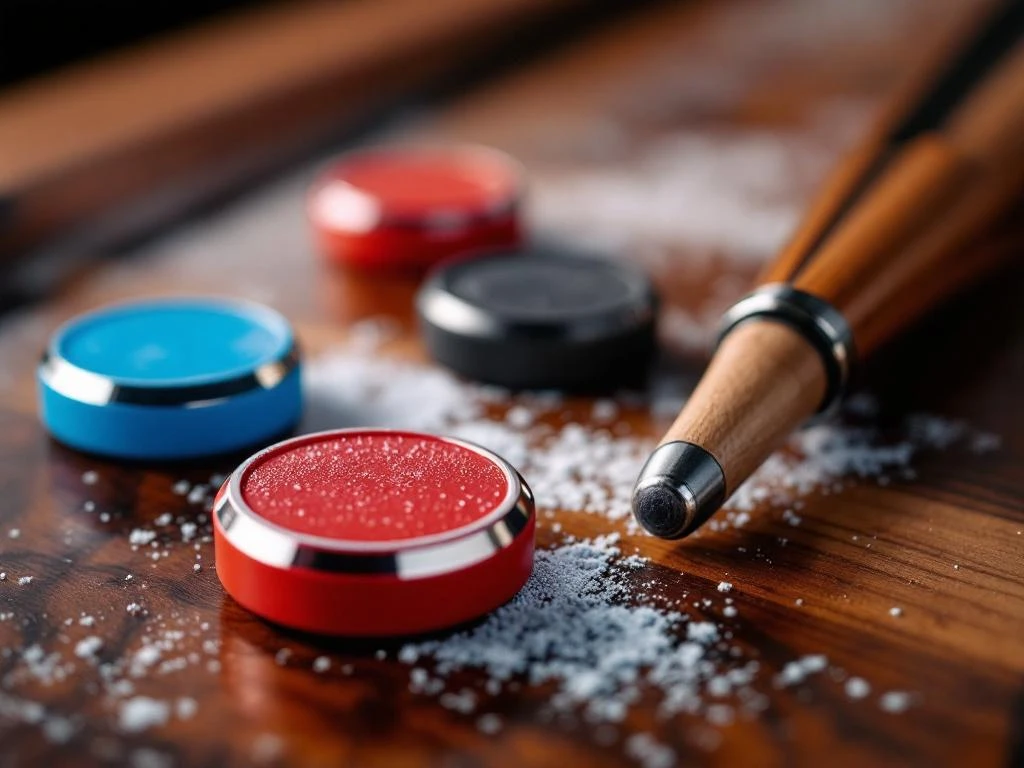 Shuffleboard pucks in rood en blauw met professionele cue op houten speeltafel met wax poeder