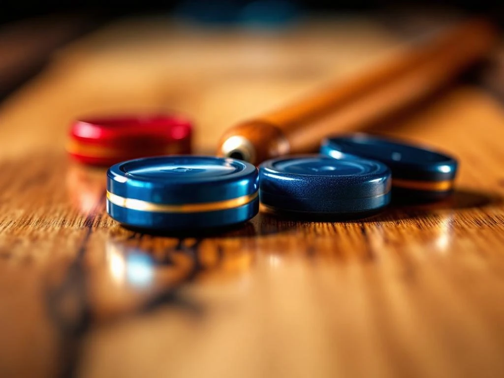 Shuffleboard uitrusting met rode en blauwe metalen schijven en houten cue stick op houten oppervlak