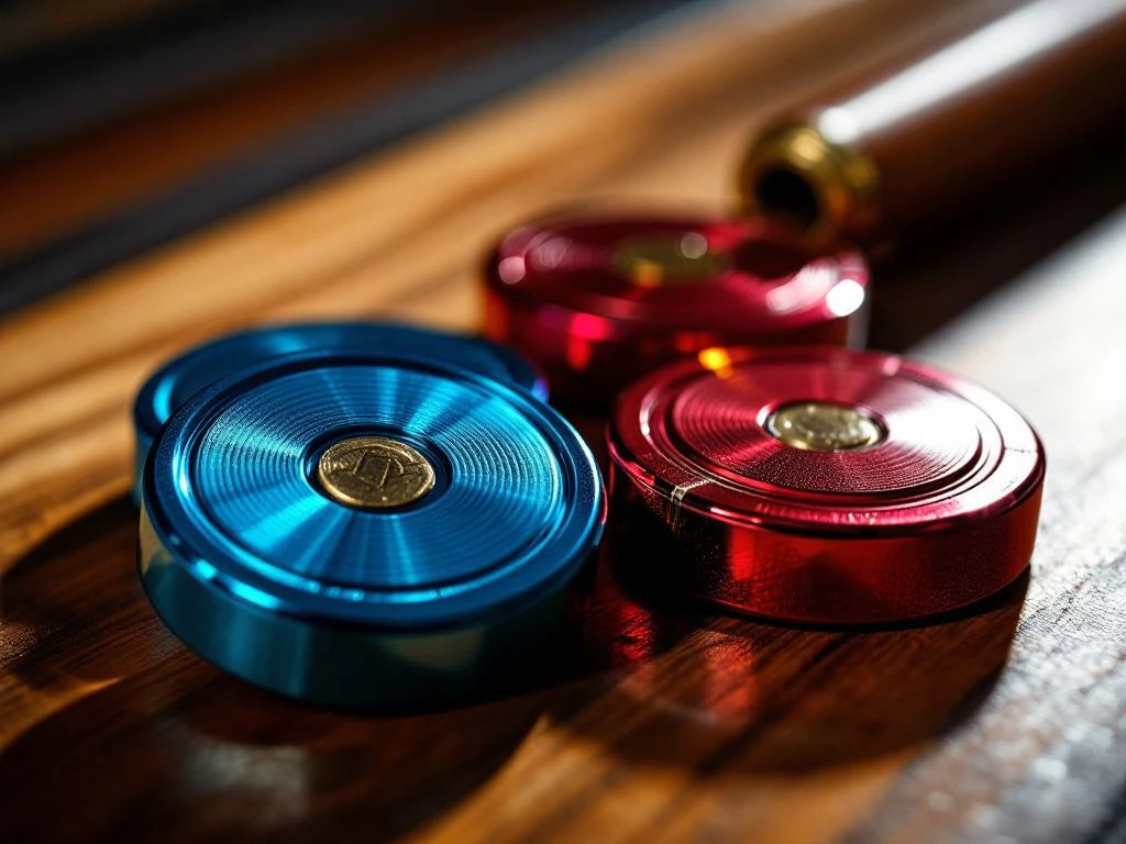 Shuffleboard pucks in blauw en rood met houten cue stick op gepolijste houten ondergrond, close-up detail