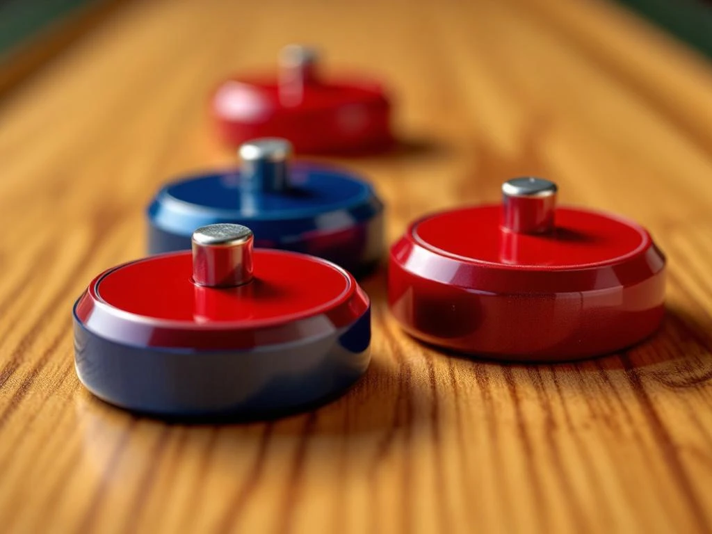 Vier shuffleboard schijven op houten speeltafel - twee blauwe en twee rode metalen pucks met glanzende afwerking