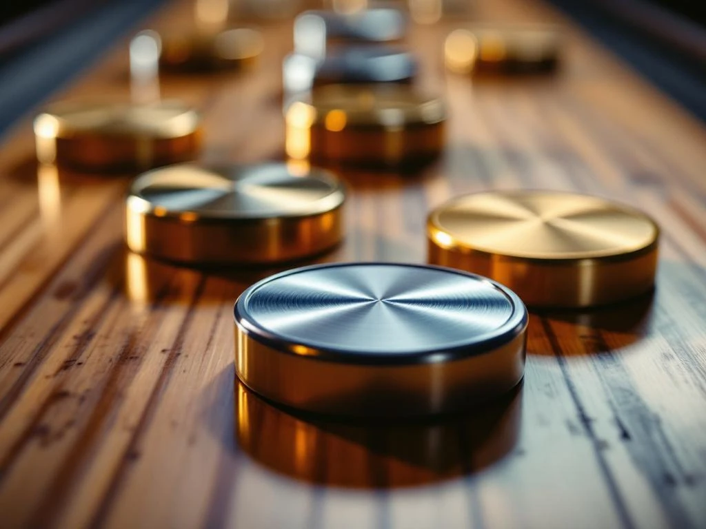 Shuffleboard schijven van zilver en goudkleurig messing op gepolijste houten speeltafel met dramatische belichting