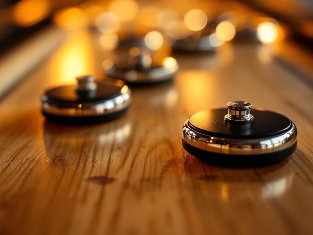 Shuffleboard schijven in zilver en zwart op gepolijste houten speeltafel met dramatische verlichting