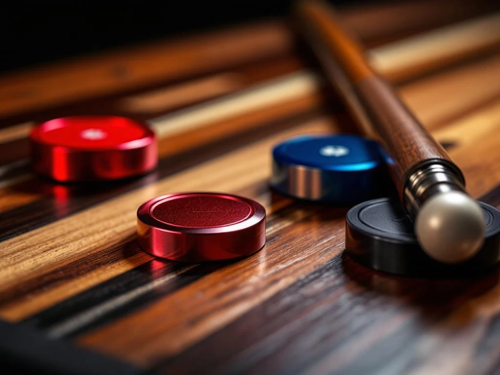 Shuffleboard pucks in rood en blauw met houten cue op houten oppervlak, close-up met dramatische belichting
