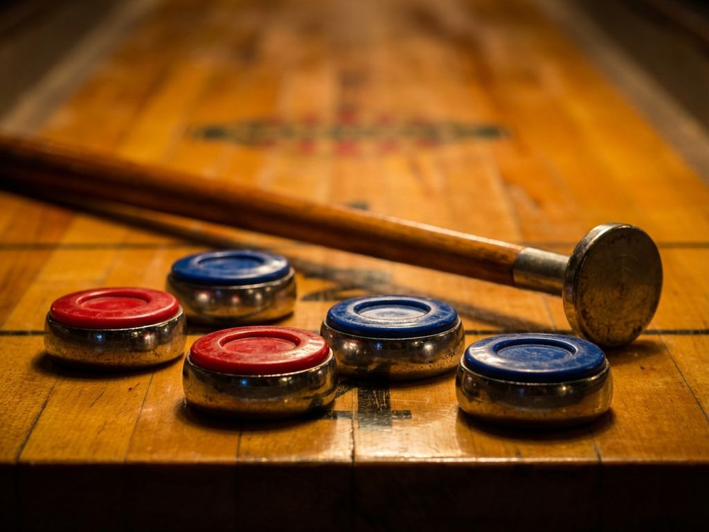 Shuffleboard uitrusting close-up: rode en blauwe metalen schijven met houten keu op glanzend speelveld