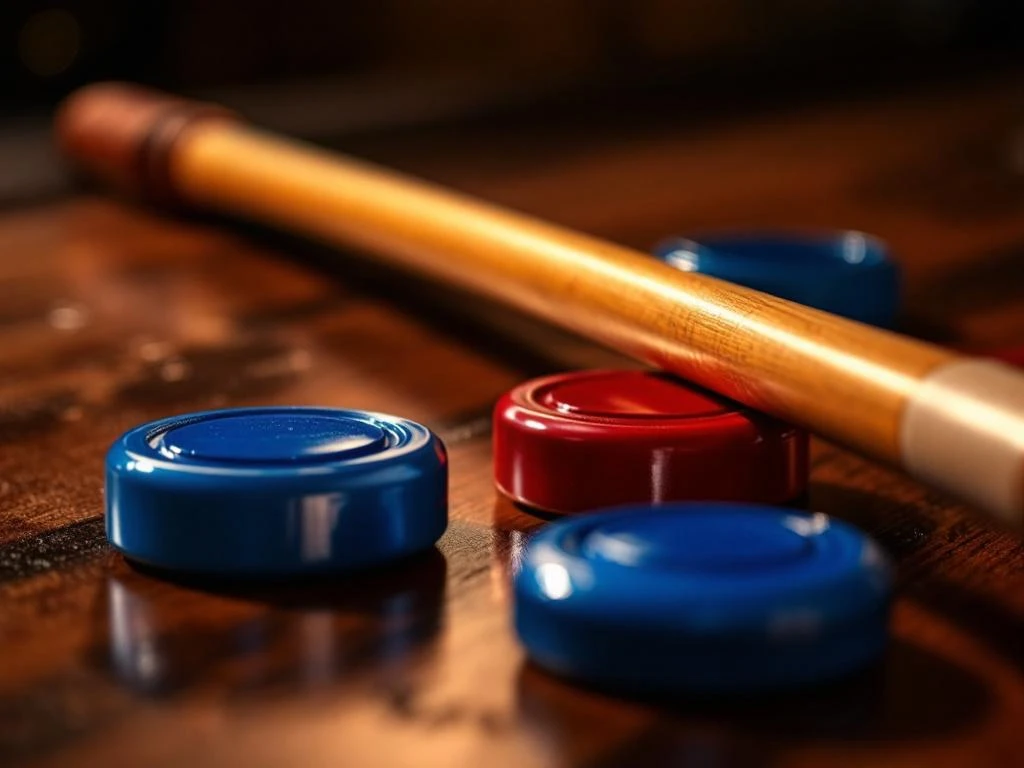 Shuffleboard pucks in blauw en rood met houten cue stick op houten speeloppervlak