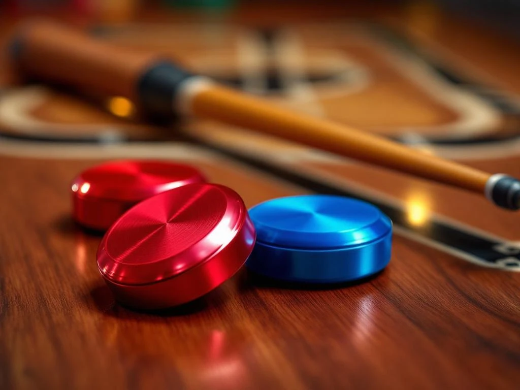 Shuffleboard pucks in rood en blauw met professionele cue stick op houten speelveld