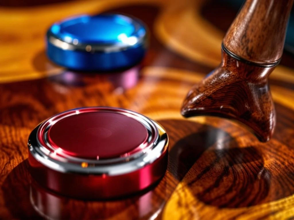 Professionele shuffleboard pucks in rood en blauw met cue op houten oppervlak, dramatische belichting
